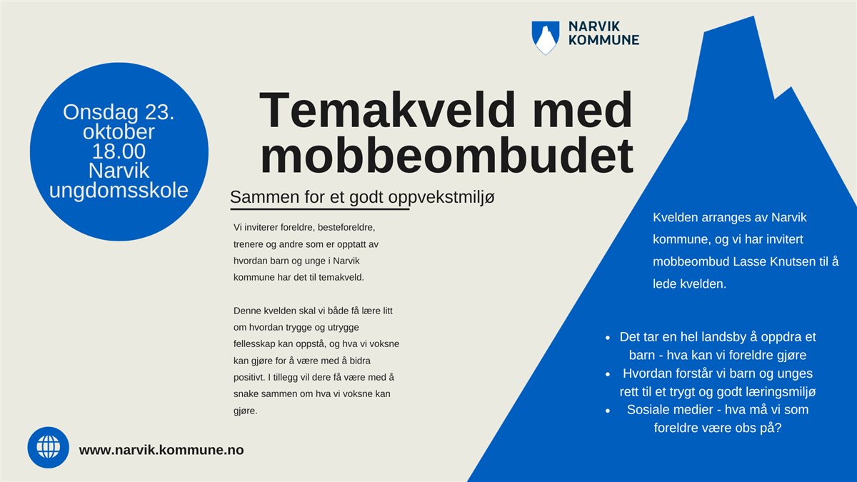 Plakat med tid, sted og innhold om temakveld med mobbeombudet. - Klikk for stort bilde