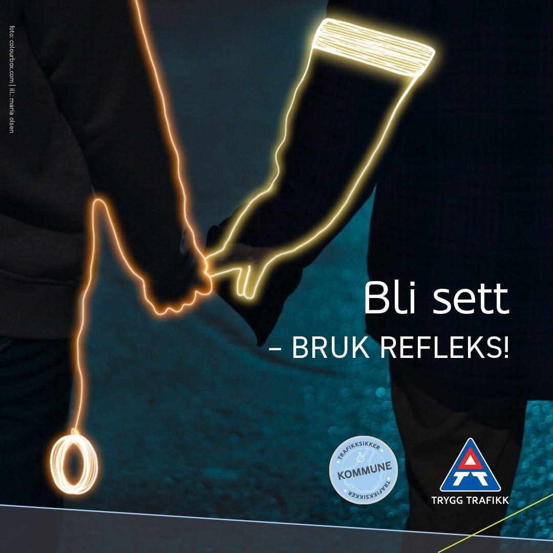 Plakat fra Trygg trafikk med en illustrasjon av refleksbruk, og teksten Bli sett - bruk refleks. - Klikk for stort bilde