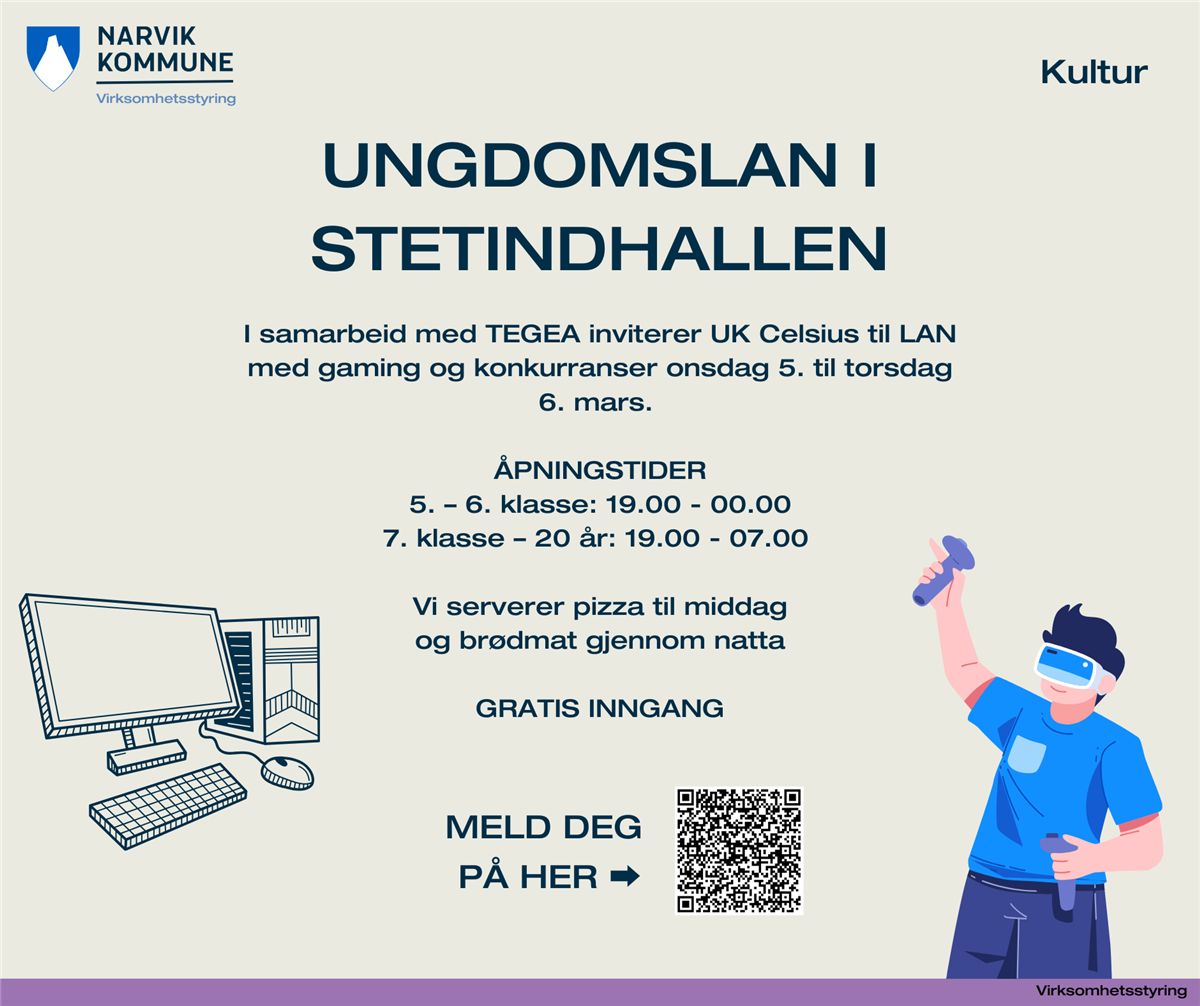 Plakat med tekst om UngdomsLAN i Stetindhallen og illustrasjoner. - Klikk for stort bilde